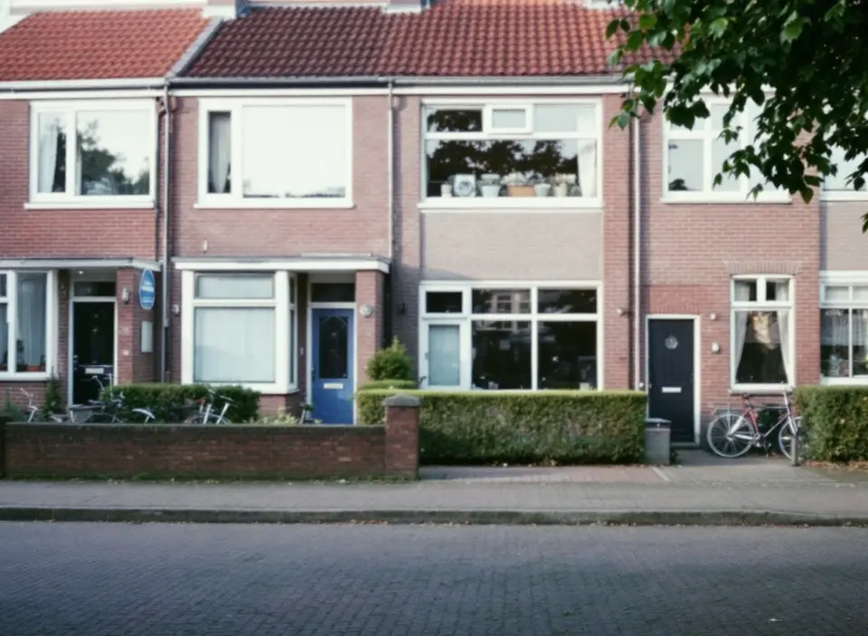 Een rij Nederlandse rijtjeshuizen uit de jaren zestig met grote ramen in witte kozijnen, heggen en fietsen voor de deur