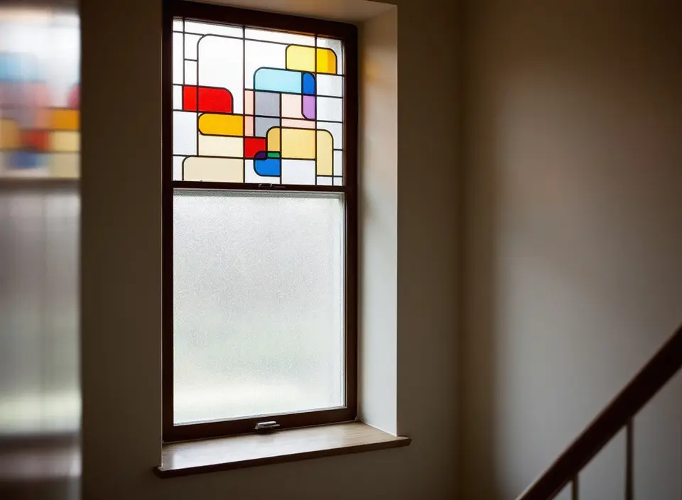 Een raam in de gang van een jaren-30-huis met een gekleurd glas-in-loodpaneel boven een matglazen ruit