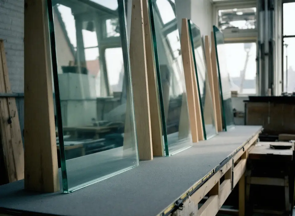 Werkplaats van een glaszetter met grote glasplaten rechtop in houten rekken op een werkbank