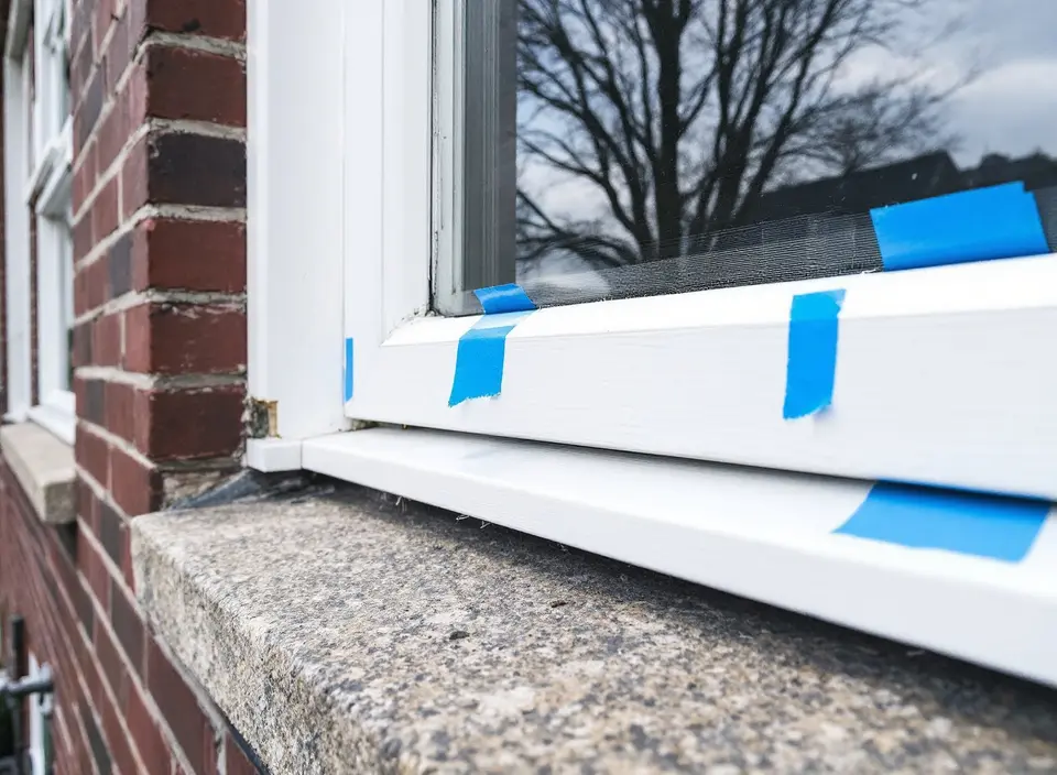 Een wit houten raam in een bakstenen gevel, net opnieuw beglaasd: nieuwe glaslatten, verse kit en nog wat blauw afplaktape