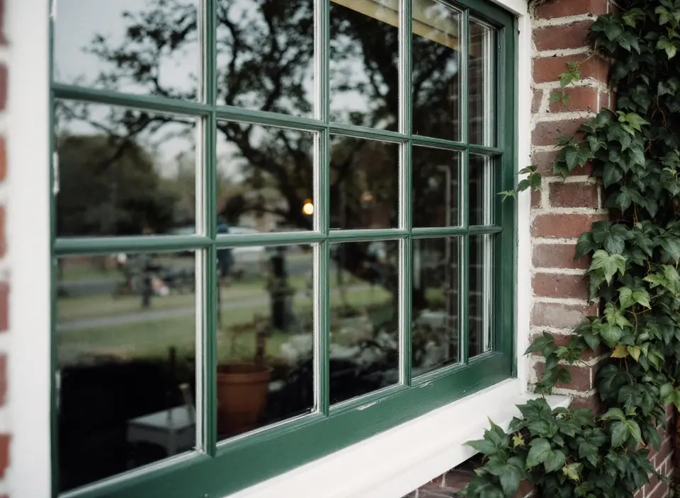 Een groen houten raam van een boerderij met kleine ruitjes en roeden, klimop langs de bakstenen muur