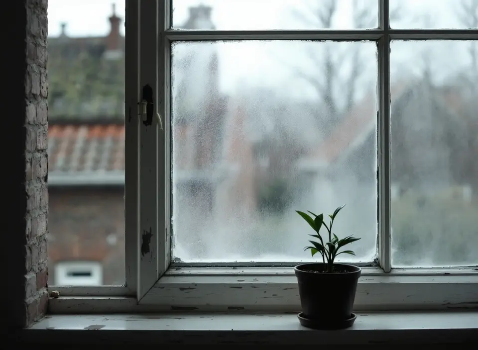 Oud dubbel glas in een wit houten raam met een melkwitte waas tussen de glasplaten, een plantje op de vensterbank