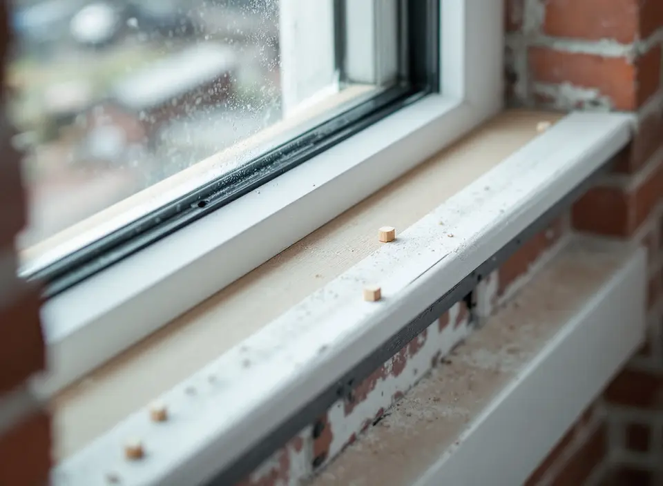 Een wit kozijn tijdens het werk: de vensterbank met zaagsel en houten pluggen onder het raam