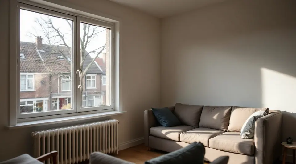 Woonkamer in een jaren-30-rijtjeshuis met een breed raam met wit houten kozijn en helder glas, een radiator eronder en bakstenen huizen aan de overkant