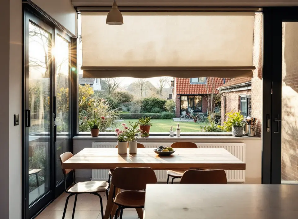 Keuken met eettafel en grote ramen en tuindeuren in donkere kozijnen, laag zonlicht valt naar binnen